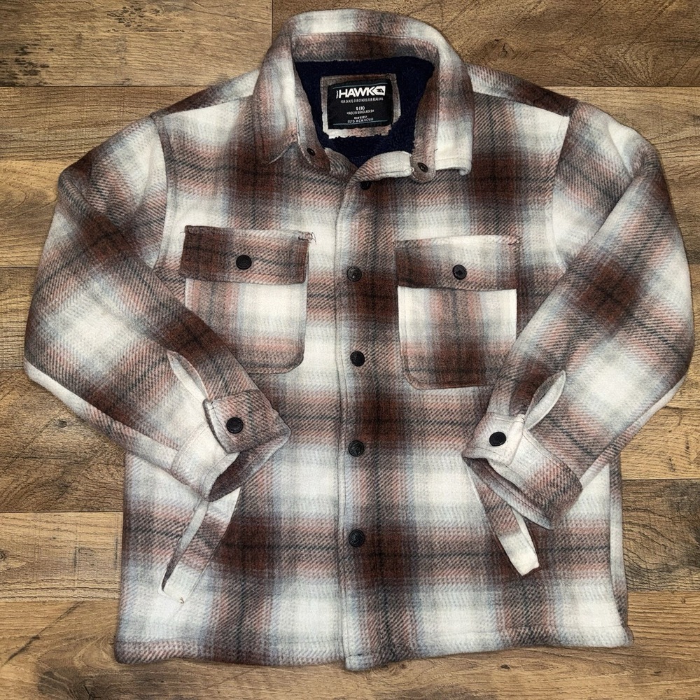 Tony Hawk Sherpa Lined Brown Orange White Plaid Shacket Coat - Youth Size S (8)